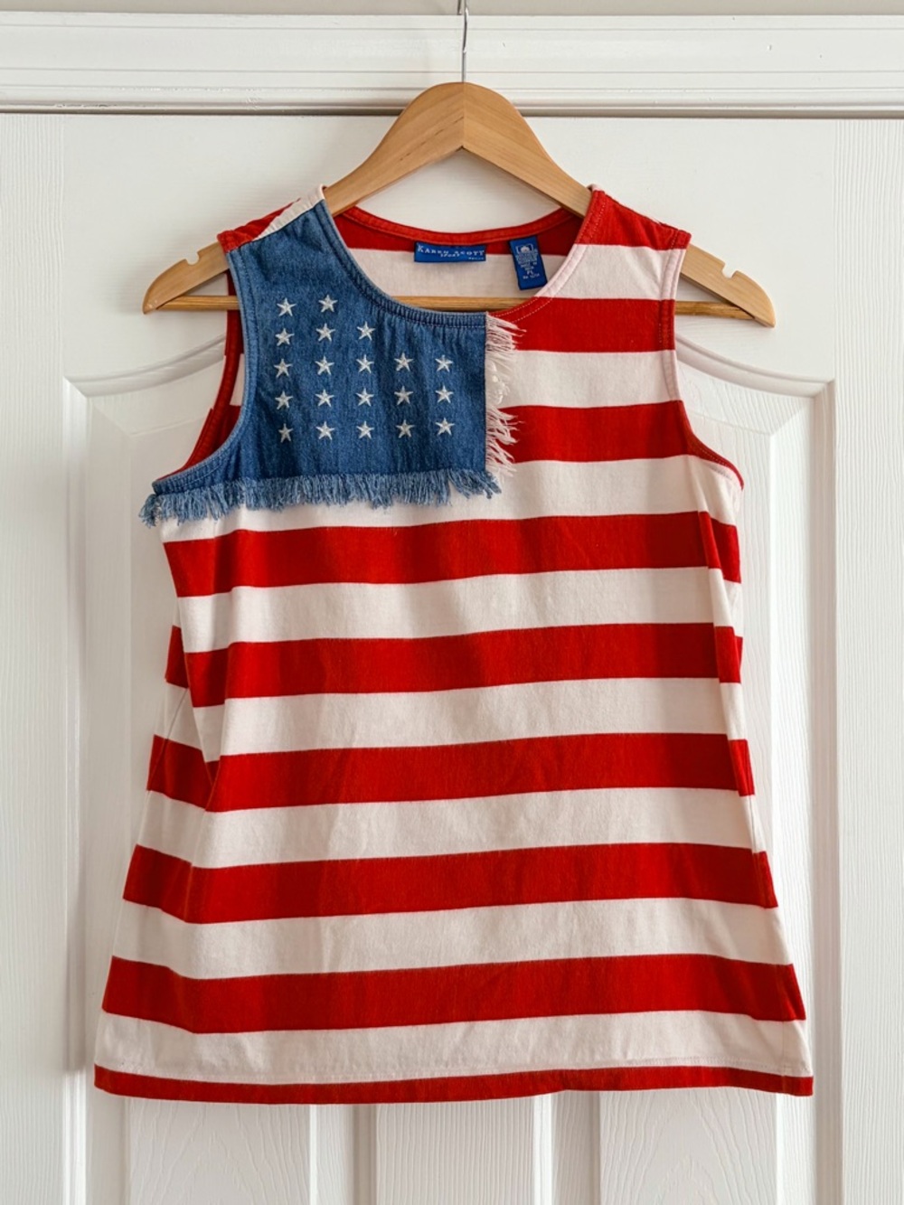 Karen Scott Sport Petite American Flag Tank Top Red White Blue Denim Fringe PL
